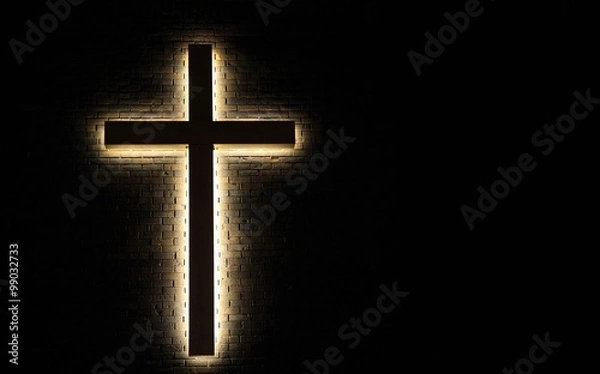 Obraz Oświetlone tło krzyżowe. Wstecz Lit Cross na ceglanym tle z przestrzenią kopiowania.
