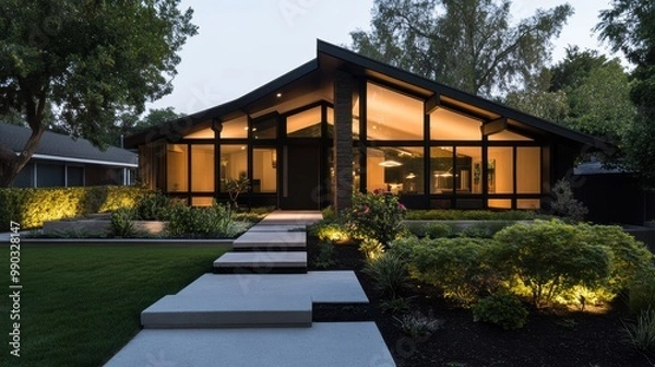 Fototapeta A modern home with a lit entrance path, surrounded by lush greenery, showcasing contemporary architecture at dusk.