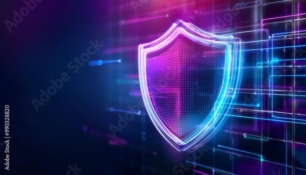 Fototapeta A digital shield icon glowing in vibrant colors, symbolizing security and protection in a high-tech environment.