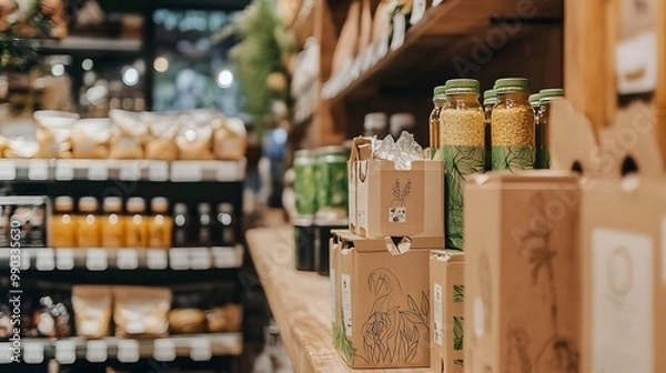 Fototapeta 200. Eco-friendly packaging for a beverage product made from sustainable materials displayed in a store