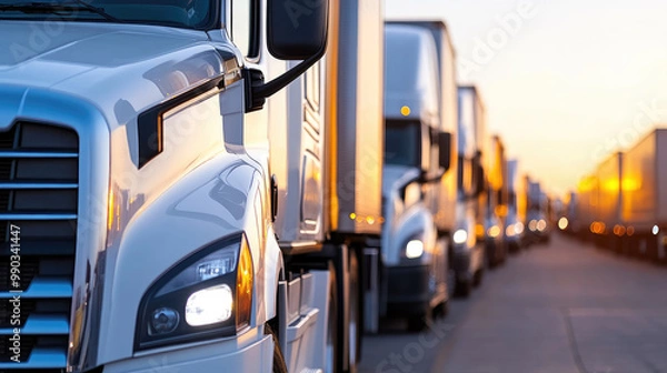 Fototapeta Efficient semi truck fleet lined up at logistics hub during sunset, showcasing importance of transportation in supply chain management