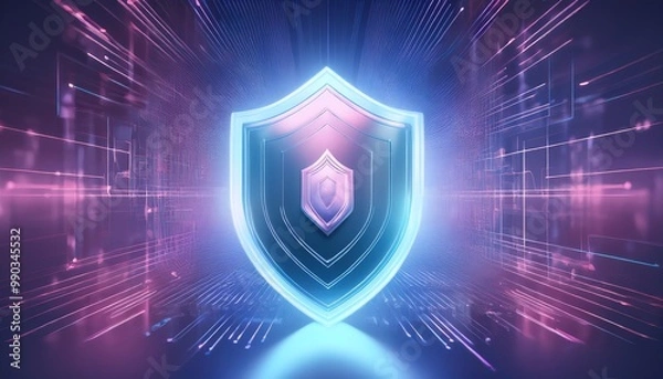 Fototapeta A glowing digital shield symbolizing cybersecurity, surrounded by vibrant data streams and networks, representing protection and innovation in the digital world.