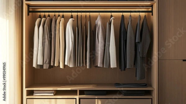 Fototapeta A minimalist wardrobe featuring neutral-colored clothes hanging in an organized space, with soft natural light and a potted plant nearby.
