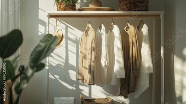 Fototapeta A minimalist wardrobe featuring neutral-colored clothes hanging in an organized space, with soft natural light and a potted plant nearby.
