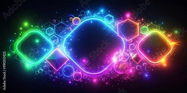 Obraz Abstract digital art with colorful glowing neon shapes, sparkles, and geometric patterns on a black background