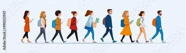 Fototapeta A diverse group of people walking together, showcasing friendship and collaboration in a vibrant, modern illustration.