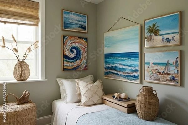 Fototapeta Stylish Bedroom Corner with Art Display and Seaside Boho Decor