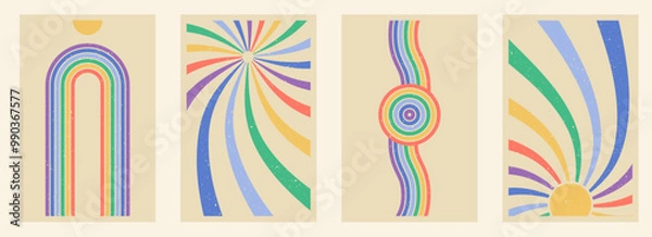 Fototapeta Zen arch poster set, retro style simple line arch and shapes. Geometric rainbow Japanese zen pattern, minimal elements. Boho style strips.