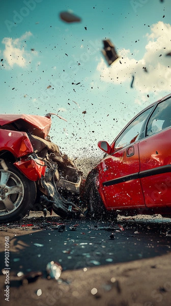 Fototapeta Two cars in a severe collision with debris flying.