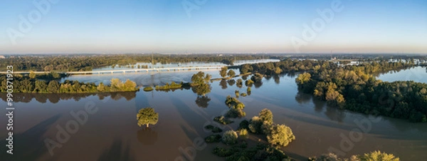 Fototapeta Panoramic photo of the Wrocław Eastern Bypass and the flooded surrounding areas during the flood in Wroclaw, Poland in September 2024