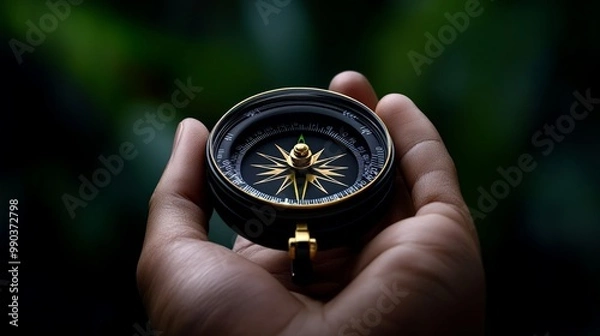 Fototapeta Compass in Hand: Finding Direction and Purpose: A close-up image of a hand holding a compass, with a blurred green background, symbolizing the journey of finding one's way and navigating life's challe