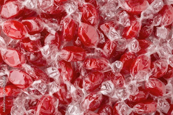 Fototapeta Background of red caramel candies in transparent candy wrappers. Pile of cherry candies.