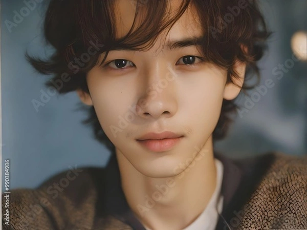 Obraz Close-up Portrait of Cute Korean Man with Trendy Hairstyle and Outfits Looking at Camera Portrait