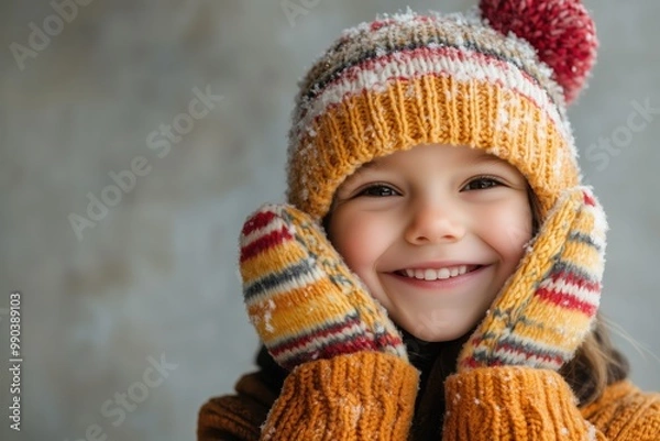 Fototapeta Cheerful child in winter hat and mittens smiling in a cozy indoor setting during snowy weather