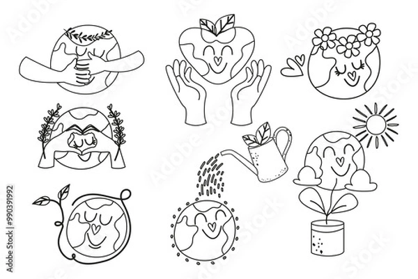 Fototapeta Set outline doodle of kawaii characters planet earth eco friendly