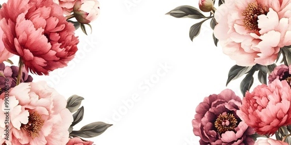 Obraz A floral border featuring pink and red peonies, creating a vibrant frame against a white background.