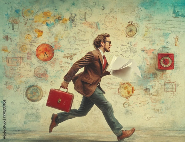 Obraz  A young man in a suit and glasses running with a red briefcase full of papers, clock drawings on the wall behind him, various map symbols floating around. Created with Ai