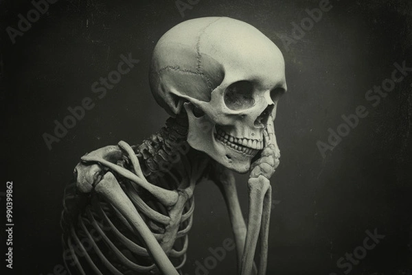 Obraz A black-and-white photograph of a skeleton with its hand in its mouth. Created with Ai