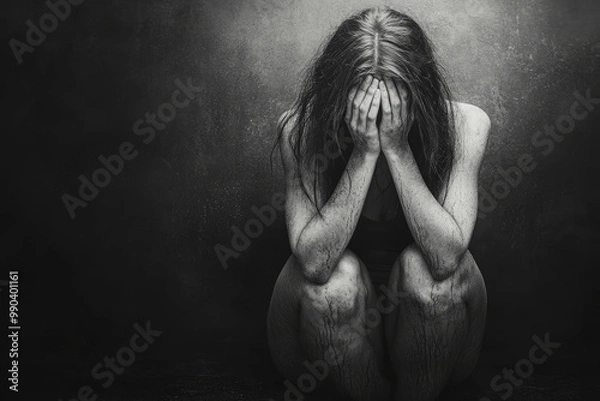 Obraz A woman kneeling on the floor with her face in her hands. Created with Ai