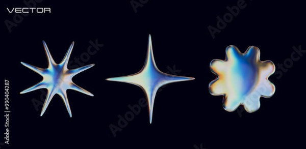Fototapeta Three holographic chrome element in Y2K style. 3D abstract futuristic stars and flower isolated on dark background. Vector shapes