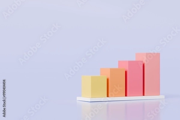 Fototapeta 3D Bar Chart with arrow rising icon on isolated purple background. Soaring finances, strengthening currency concept. Minimal Data analysis bar pie graph growth up with an arrow rising icon. 3d render.