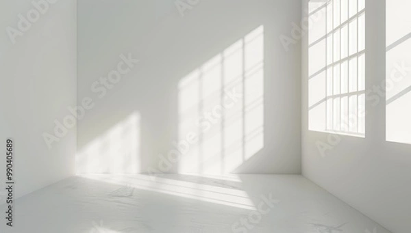 Fototapeta Abstract white room interior with window light and shadow on wall background, clean and minimal white background with geometric light elements for business