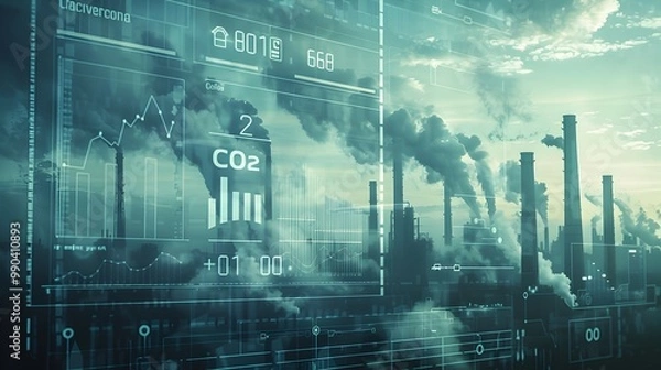 Fototapeta Digital Screen Displaying CO2 Levels with Industrial Smokestacks in the Background