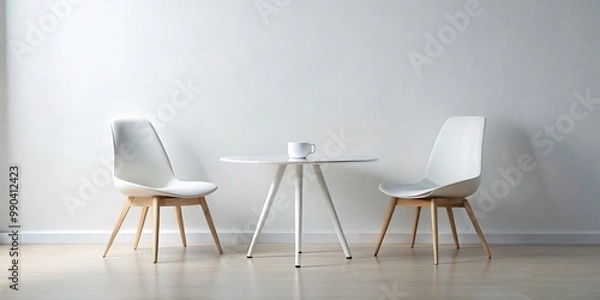 Fototapeta White Chairs and Table against a White Wall, Two White Chairs with a Round White Table in a Minimalist Setting, White Interior with White Furniture, minimalism , interior design, white wall