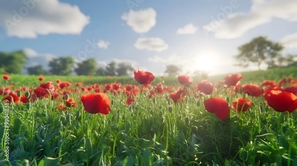 Fototapeta Vibrant Red Poppies in a Sunlit Field