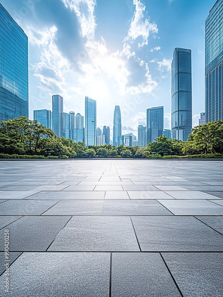 Fototapeta A modern city square, with skyscrapers in the background, a clear sky, and daylight