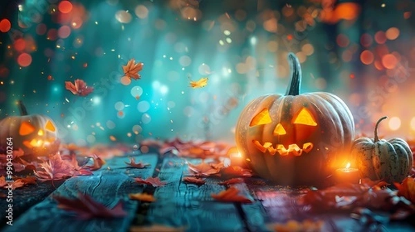 Fototapeta Halloween Hintergrund mit Kürbis und Herbstlaub..