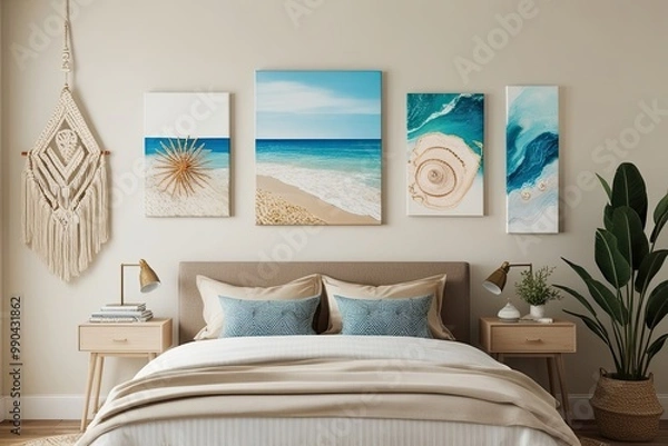 Fototapeta Bohemian Coastal Inspired Modern Bedroom Canvas Art with Soft Tones