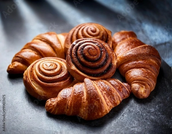 Fototapeta A group of cinnamon rolls and croissants, styled with dramatic diagonals, macro zoom, on marble.