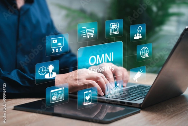Fototapeta OMNI Channel Marketing, Digital marketing, Businessman management, Social media marketing to increase business opportunities, Online shopping, CRM tools, Global customer service, E-commerce, delivery