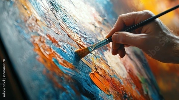Fototapeta A close-up of a painter's hands holding a paintbrush, applying vibrant colors to a canvas in a sunlit studio. 