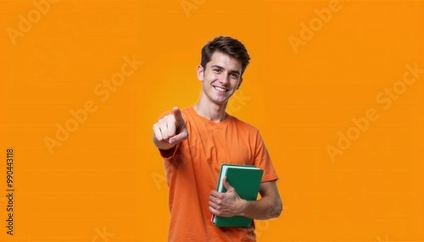 Fototapeta Confident Young Student Man Holding Books and Pointing Forward, Inviting Interaction Against Green Background