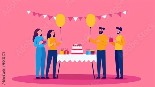 Fototapeta A vibrant party scene featuring four people celebrating with balloons, gifts, and a cake. The joyful atmosphere is enhanced by colorful decorations and a festive backdrop.