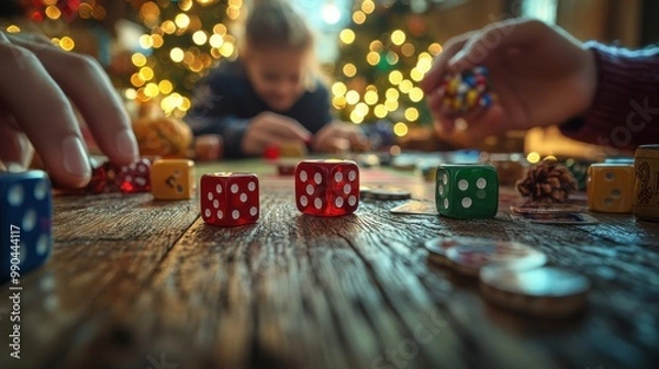 Fototapeta Family playing board game with colorful dice on rustic wooden table, festive Christmas lights in background creating cozy holiday atmosphere.