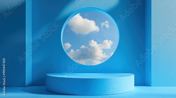 Fototapeta A blue minimalist product display podium with a circular window looking onto a blue sky with white clouds.