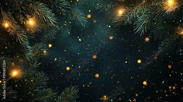 Fototapeta A moody Christmas background with dark green pine branches and golden lights on a transparent background. 