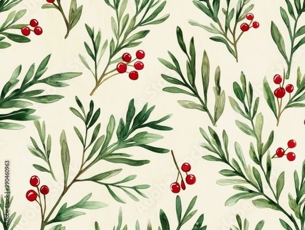 Fototapeta 2408 71.A seamless pattern featuring watercolor illustrations of Christmas tree twigs and red holly berries, arranged in a repeating design. The delicate green branches and vibrant red berries create