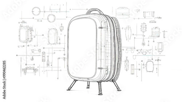 Fototapeta Technical drawing showing exploded view of modern travel backpack design