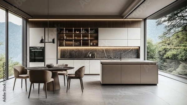 Fototapeta Bright home kitchen featuring a dining table, a spacious island, and a modern cabinet placed by a large window