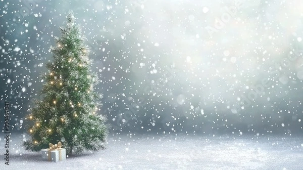 Fototapeta A vertical Christmas background with a tall Christmas tree and falling snow on a transparent background. 