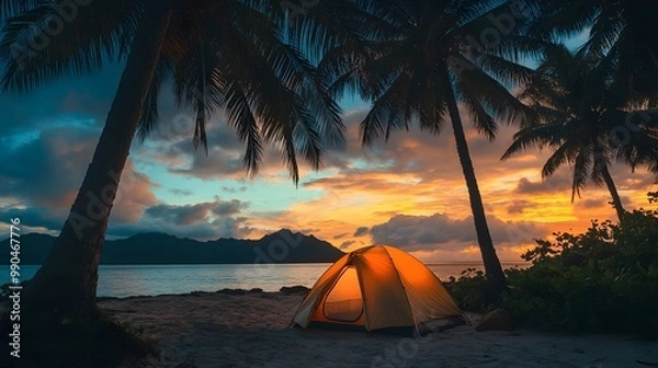 Fototapeta A tent set up on the beach under palm trees during sunset, with a tropical ocean and mountains in the background
