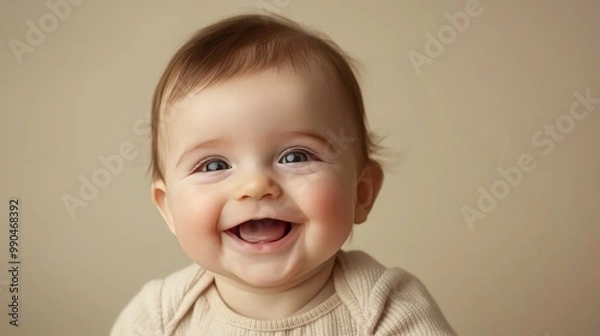 Fototapeta An adorable baby smiling, isolated on a simple background, with no distractions. 