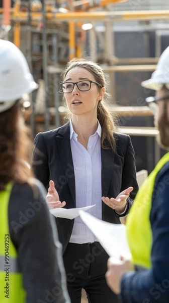 Fototapeta capture a female architect in business attire discussing a project with colleagues at a construction site. 