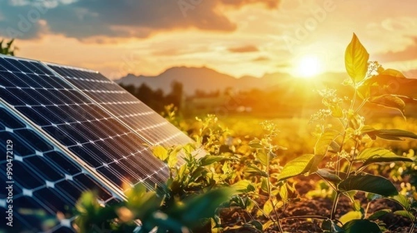 Obraz A solar panel stands amidst lush greenery, capturing sunlight during a vibrant sunset, symbolizing sustainable energy.