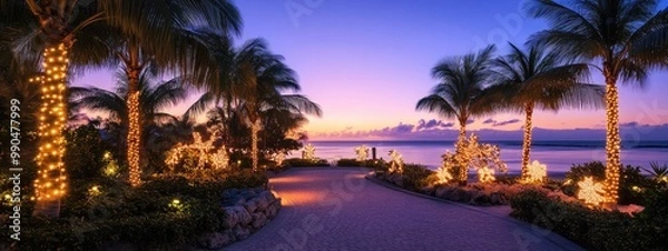 Obraz Tropical Island Outdoor Beautiful Location at Dusk with Christmas Decorations