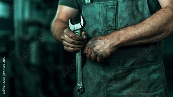 Fototapeta Factory worker’s hands gripping a wrench with oil stains and metal machinery in the background, dim lighting 